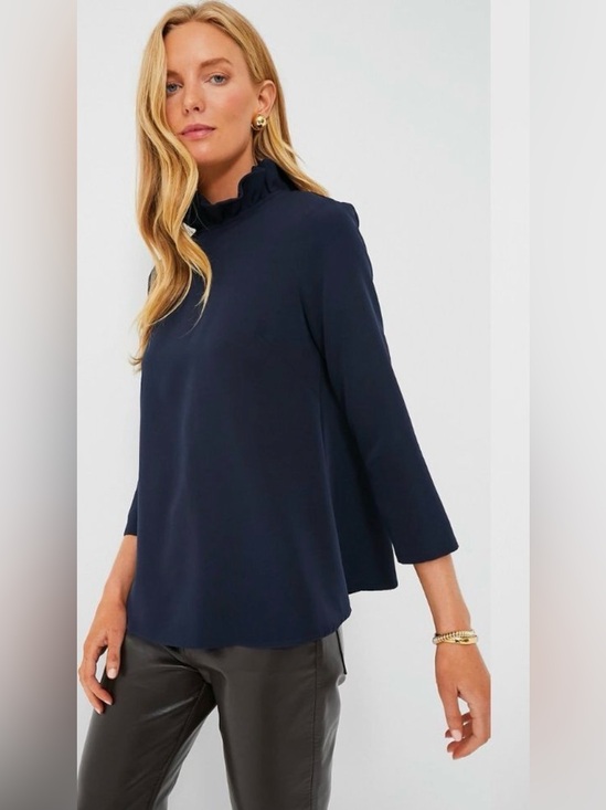 Tuckernuck Tops - Tuckernuck NEW Navy Faye Preppy Bow Ruffle Collar 3/4 Sleeve Blouse Size XS